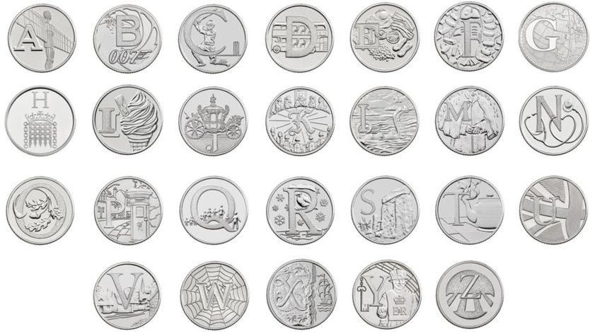 Ventisei monete da 10 pence ideate e coniate dalla Royal Mint per simboleggiare "l'alfabeto" dell'identità pop britannica