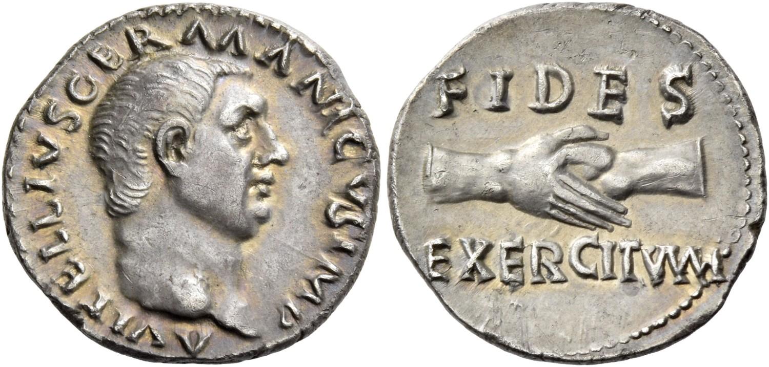 Denario di Vitellio coniato nell'anno 69 (argento; mm 17,5; g 3,45) che inneggia alla fedeltà dell'esercito, garantita anche da un trattamento economico soddisfacente dei soldati