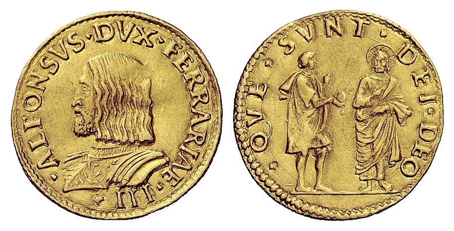 Un esemplare del doppio ducato con ritratto barbuto del duca e la scena del fariseo che porge a Gesù la moneta del tributo (oro; mm 26,5; g 6,85)