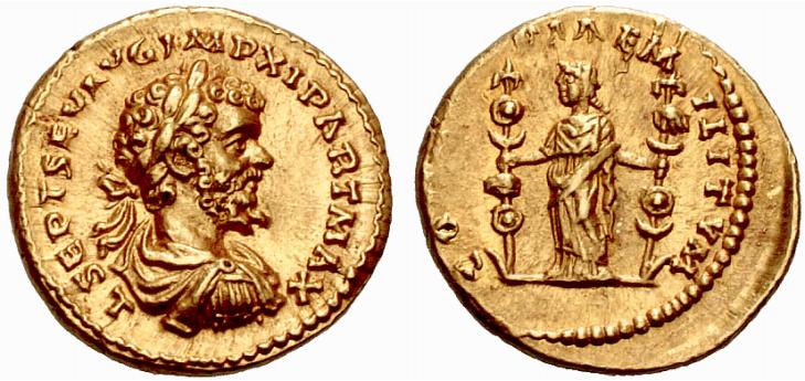 Aureo di Settimio Severo coniato dalla zecca di Laodicea a Mare nel periodo 198-202 (oro; mm 19,5; g 7,17) e inneggiante alla concordia delle forze armate