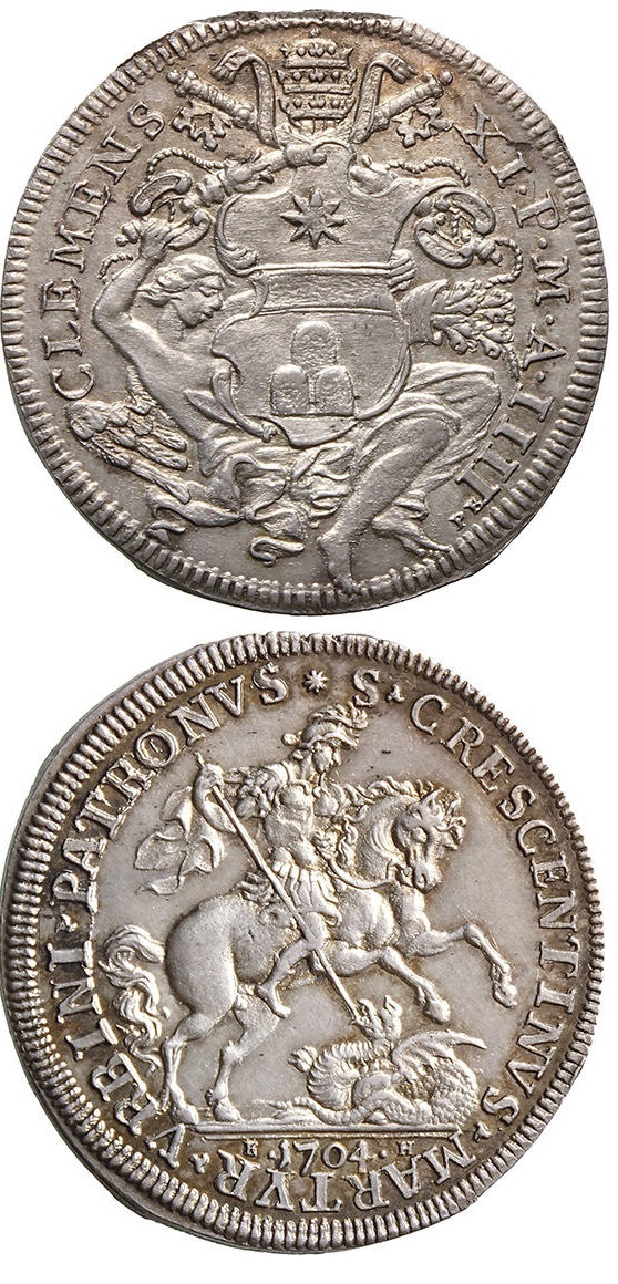 La mezza piastra papale con dritto araldico inciso dal Borner ispirandosi chiaramente alla precedente moneta piacentina