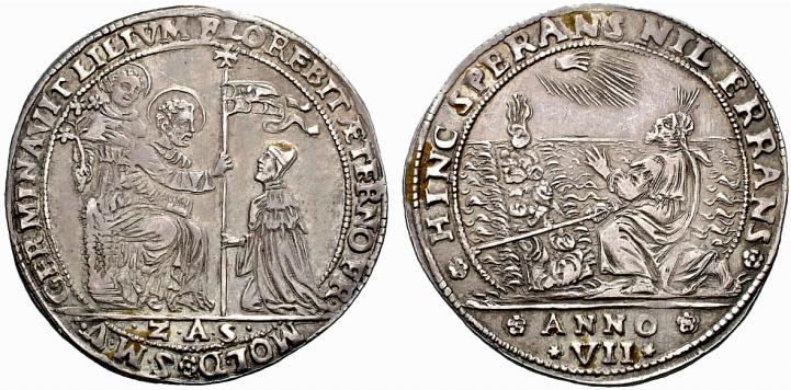 Uno dei migliori esemplari conocsciuti dell'osella in argento del 1652 raffigurante sant'Antonio al dritto e Mosè