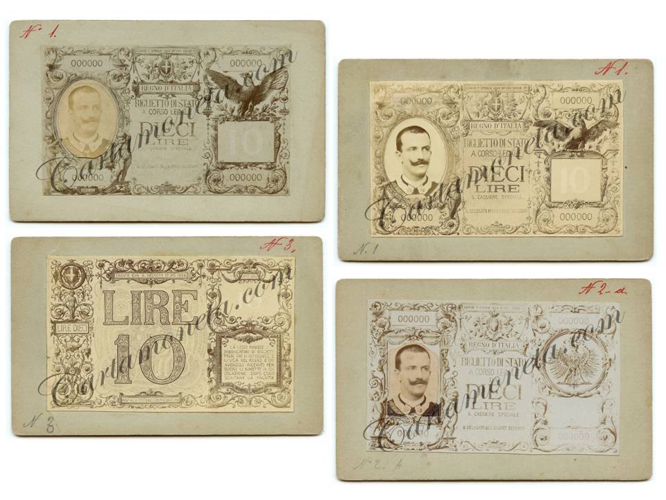 Alcuni dei bozzetti di prova del biglietto di Stato da 10 lire, realizzati attorno al 1902