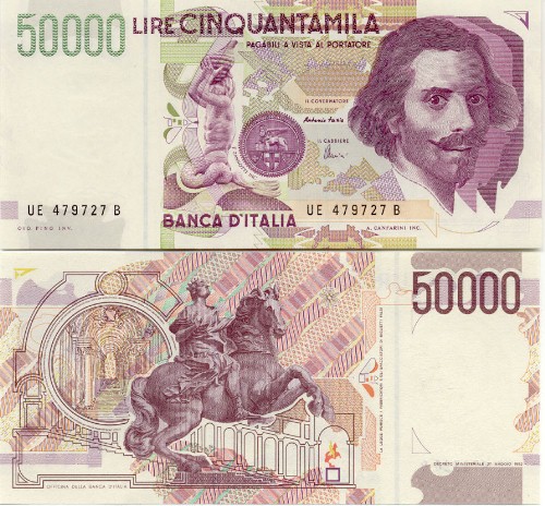 Il 2° tipo di banconota da 50.000 lire dedicata a Gian Lorenzo Bernini