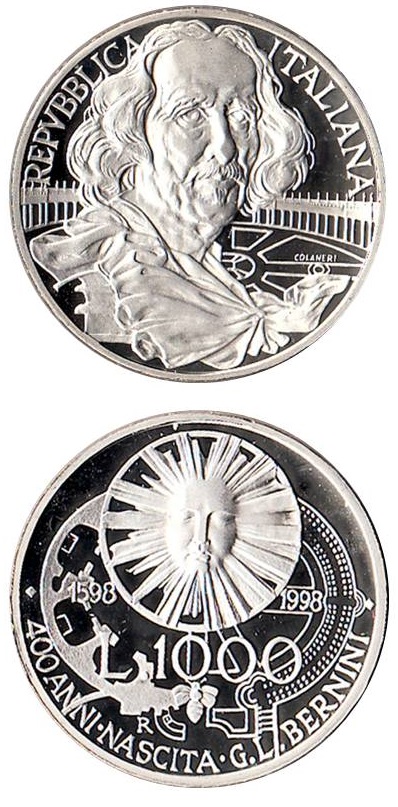 La 1.000 lire in argento proof emessa dall'Italia nel 1998, 400° della nascita di Bernini