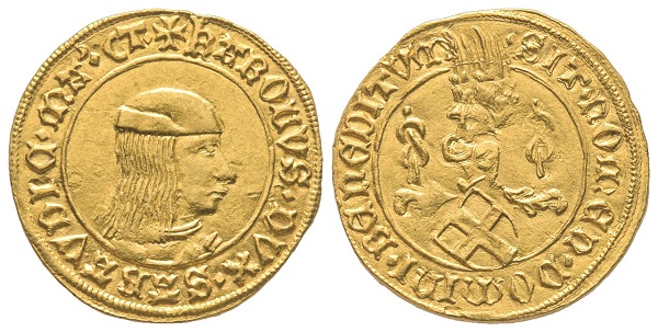 Carlo I, 1482-1490. Ducato d’oro, II tipo, Torino .MIR 223a var. (D/MA) (R9).