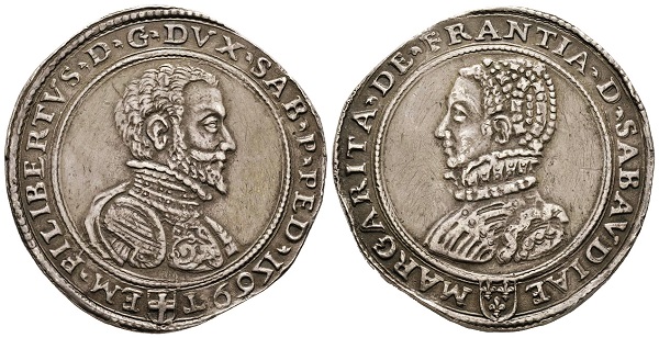 Emanuele Filiberto, 1553-1580. Scudo da 3 Lire, Torino, 1569, con Margherita di Francia.