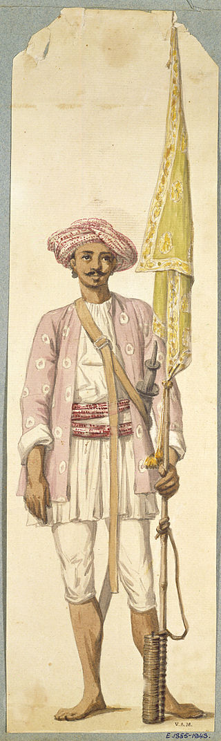 Fig. 3 - Incisione di R. Home: soldato indiano della fanteria di Typu con uniforme e turbante che tiene un razzo