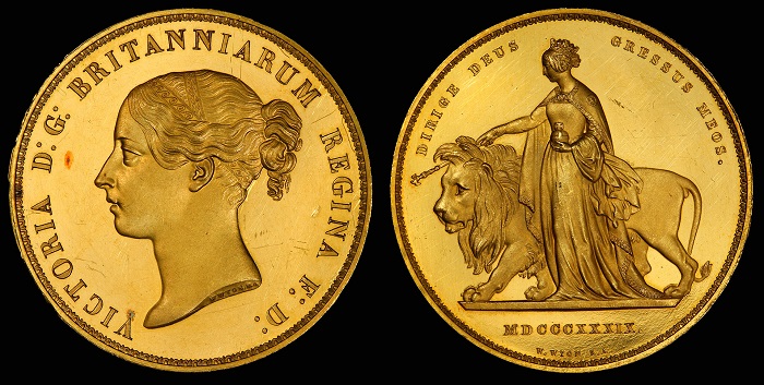 Un eccezionale esemplare del 1839 di moneta in oro da 5 sterline "Una and the Lion"