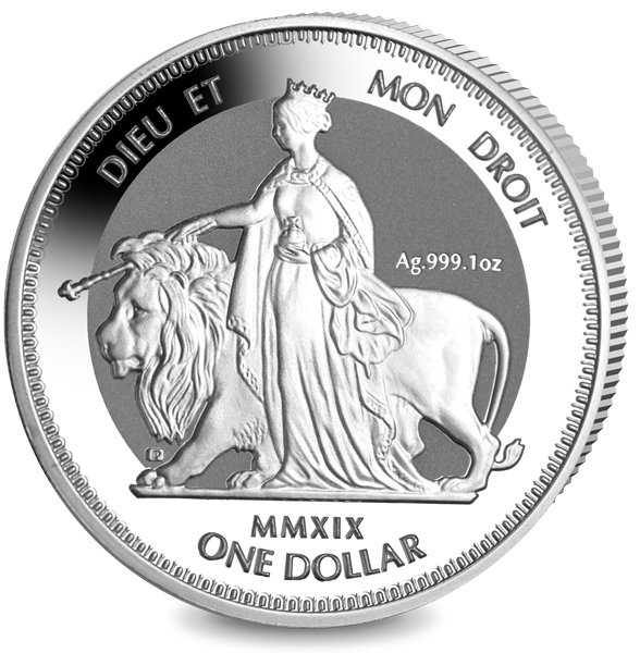 Il rovescio riproposto oggi sul dollaro da un'oncia d'argento delle BRitish Virgin Islands: si noti l'effetto "frosted" (ghiacciato) del fondo della moneta