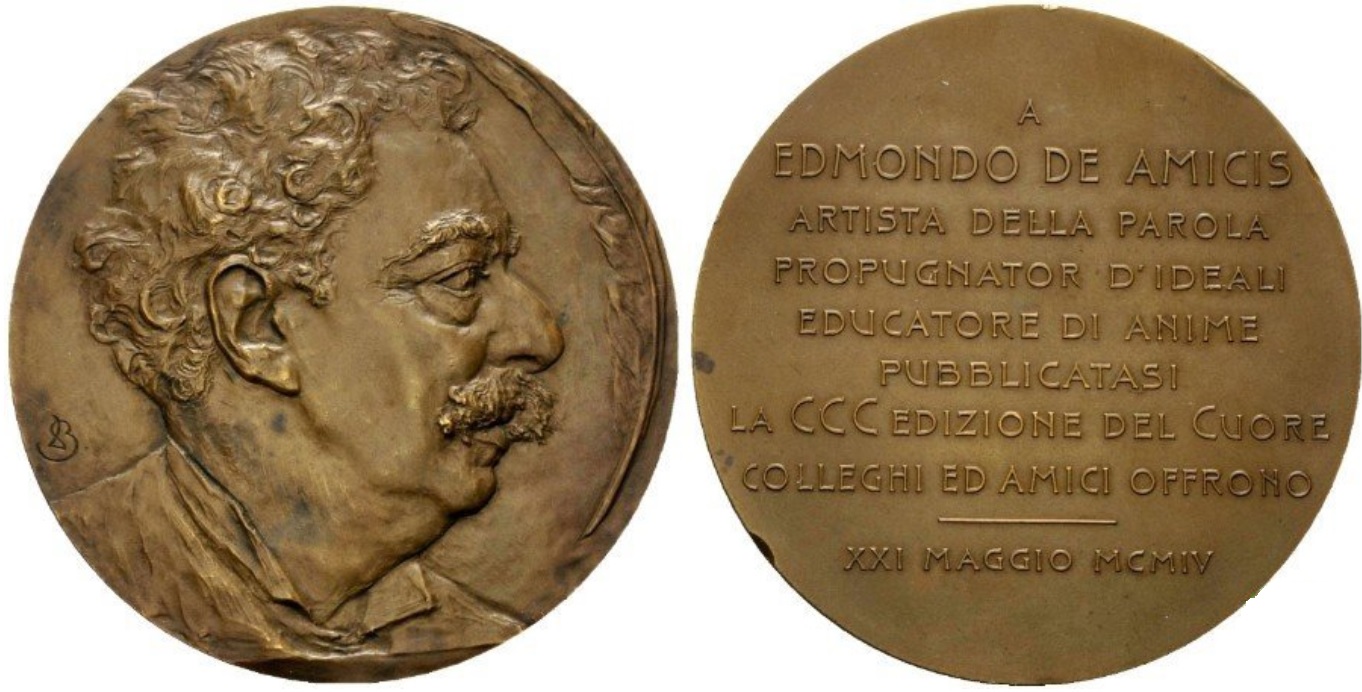 Non sono molte le medaglie firmate Leonardo Bistolfi: questa del 1904, coniata in bronzo con diametro di mm 70, è dedicata alla 300a edizione del libro "Cuore" di De Amicis