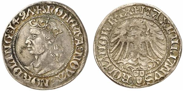 Un rarissimo scellino in argento (g 2,48) del 1497 con ritratto di Massimiliano I e aquila imperiale
