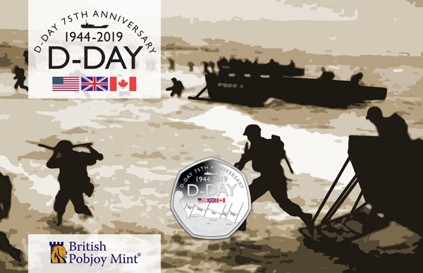 Il blister in cui è confezionata da Pobjoy Mint, per conto del governo di Gibilterra, la 50 pence che ricoda il D-Day