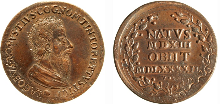 1790 ca. La medaglia per Tintoretto, della serie degli “Artisti illustri” (Giovanni Zanobi Weber, AE mm 33; Venezia, Museo Correr, XXXIX, 3105)