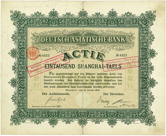Azione da 100 tael della Deutsch-Asiatische Bank, la banca creata dall'Impero Tedesco in Estremo Oriente
