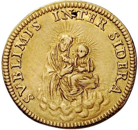 Una invocazione mariana e una bella immagine della Madonna col Bambino al rovescio della moneta, coniata anche sotto Innocenzo XI