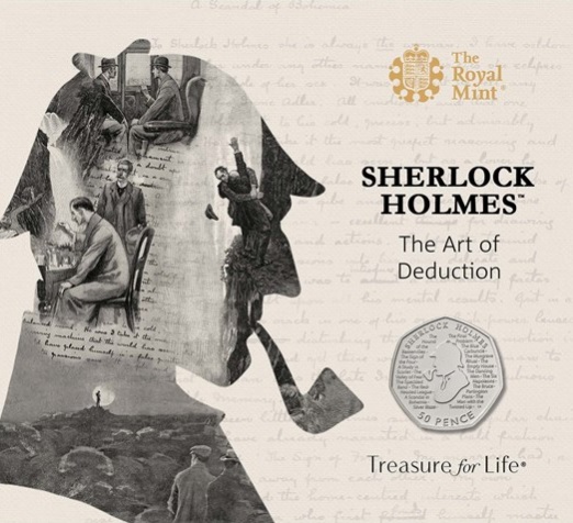 Il folder della versione BU dei 50 pence dedicati dalla Royal Mint a Holmeds e "all'arte della deduzione"
