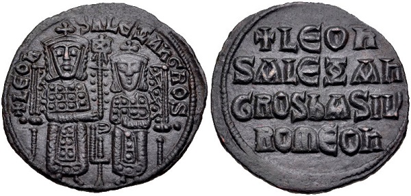 Follis di Leone VI con il fratello Alessandro. Bronzo, gr 6,46; mm 26; h 5
