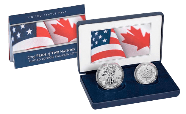 Elegante e basato sui colori delle rispettive bandiere, ecco il packaging della coppia di once in argento che celebrano l'amicizia USA-Canada