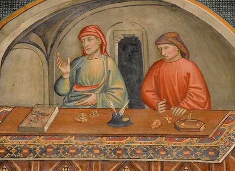 Banchieri toscani in un affresco della Chiesa di san Franacesco a Prato (1395): si notino il libro dei conti, le monete, la bilancia per verificarne la bontà