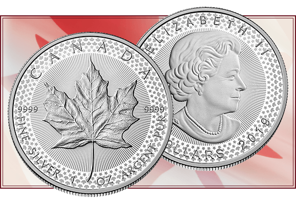 Una texture composta di foglie d'acero e stelle fa da contorno a questa speciale Maple Leaf canadese millesimata 2019, con sfondo a sottilissime linee radiali