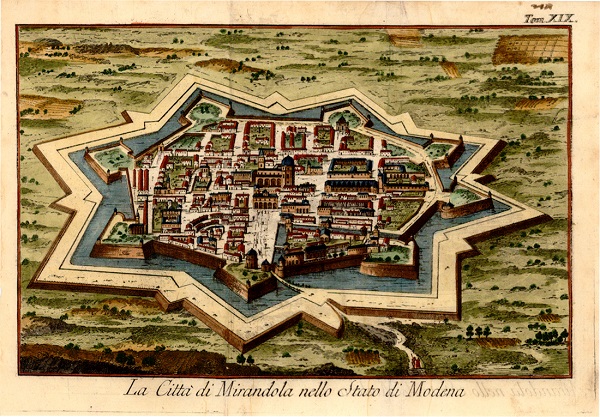 Una bella mappa acquerellata della città di Mirandola