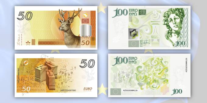 A sinistra il progetto per i 50 euro in versione "irlandese" e a destra quello per i 100 in "salsa portoghese"