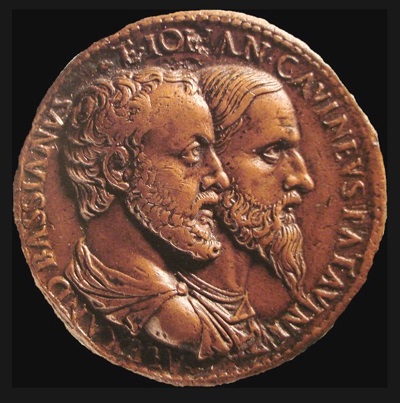 Giovanni da Cavino: autoritratto (a destra) con Alessandro da Bassiano su dritto di medaglia (bronzo fuso, mm 38)