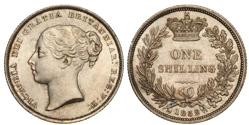 Uno scellino in argento con ritratto della regina Vittoria probabilmente coevo del gettone