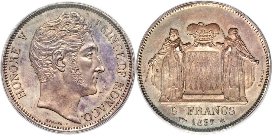 Un magnifico esemplare di 5 franchi in argento del 1837 a nome del principe Honoré V Grimaldi
