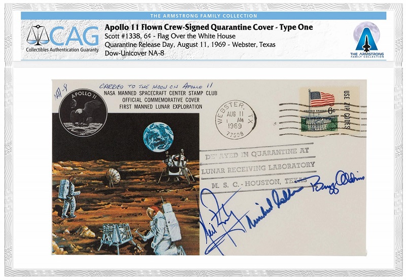 Busta filatelica viaggiata sulla navicella "Apollo 11" sino alla luna e firmata dai tre astronauti Armstrong, Aldrin e Collins