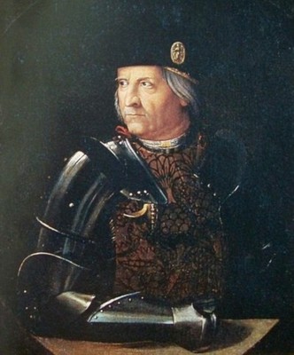 Ritratto di Ercole I d'Este, II duca di Ferrara, Modena e Reggio. Il duca indossa armatura e berretto con medaglia, come nella moneta