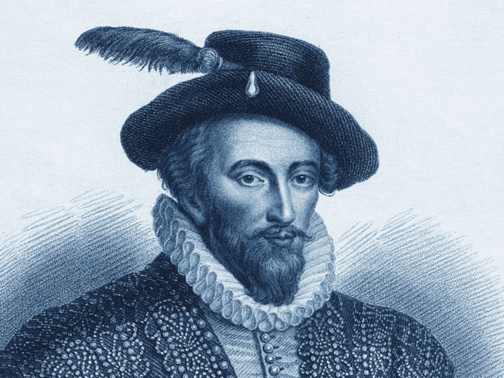 Un'incisione d'epoca ci restituisce i lineamenti del fascinoso sir Walter Raleigh, corsaro ed esploratore, protagonista dell'epoca d'oro elisabettiana