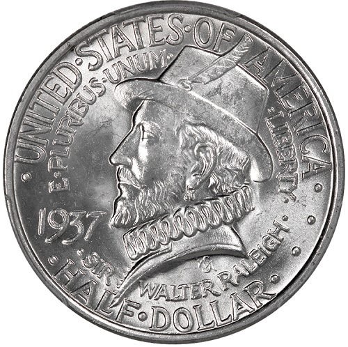 Il fiero ritratto di sir Walter Ralegh sul mezzo dollaro del 1937 per i 350 anni dalla fondazione della Virginia