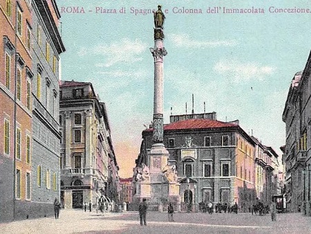 Cartolina d'epoca con Piazza di Spagna a Roma e il monumento all'Immacolata
