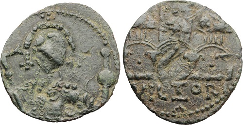 Follaro emesso da Roberto il Guiscardo (1077-1085) con la veduta di Salerno al rovescio (riferimento: Travaini, MIN, p. 254, n. 32). Ex Artemide XLIX, lotto n. 681