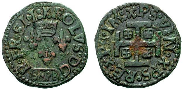 Cavallo a nome di Carlo VIII per Sulmona coniato nel 1495 (Cu, mm 18 ca. per g 2,00 ca.)