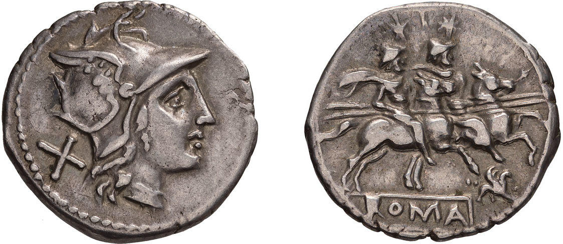 Un bel denario repubblicano di Roma con testa elmata al D/ e i dioscuri al R/
