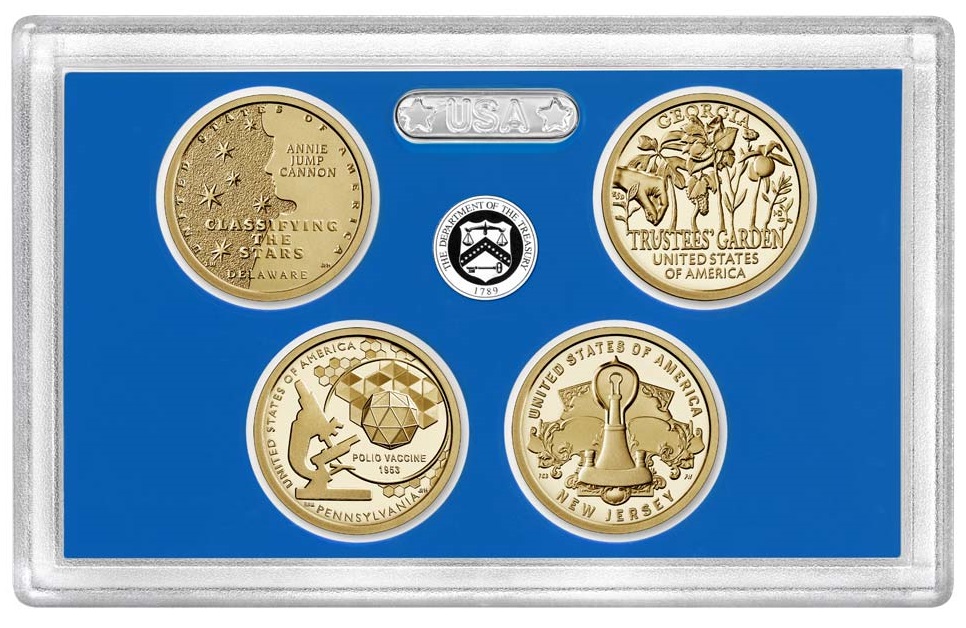 Il blister con le quattro monete 2019 dedicate a Delaware, Pennsylvania, Georgia e New Jersey