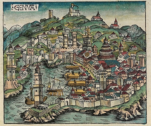 Una veduta del porto e della città di Genova nel XIII secolo