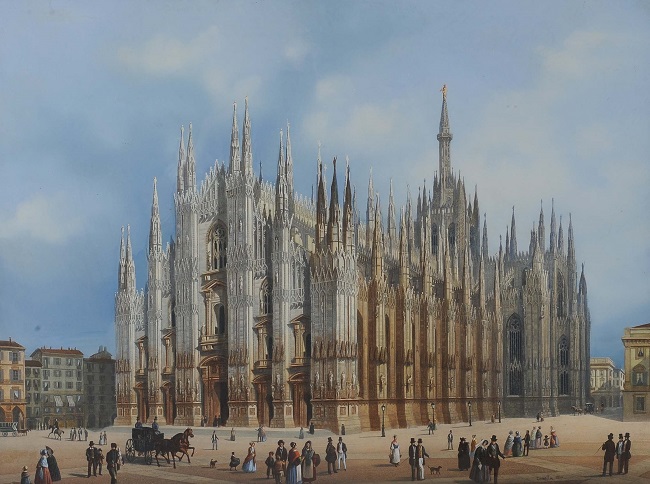 Una pregevole incisione acquerellata risalente al XIX secolo e che ci mostra il Duomo in una animata scena (si notino, a sinistra, i palazzetti poi abbattuti per far spazio alla Galleria Vittorio Emanuele II)