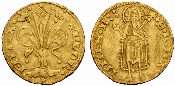 Fiorino in oro coniato a Firenze da g 3,53 nel periodo "senza simboli", ossia risalente al 1252-1305