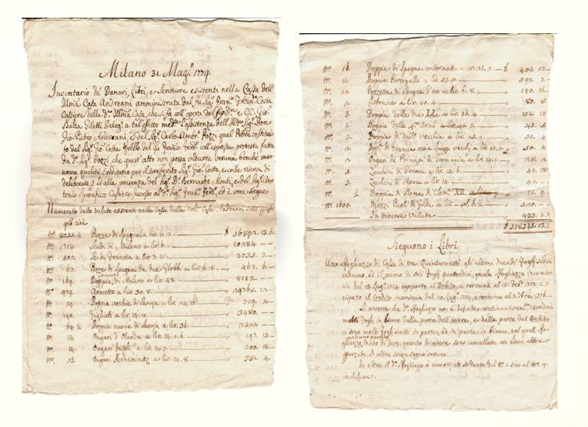 Figg. 4a e 4b: l’inventario delle valute esistenti nella cassa della nobile casa Andreani "sotto questo giorno (31 maggio 1779)"