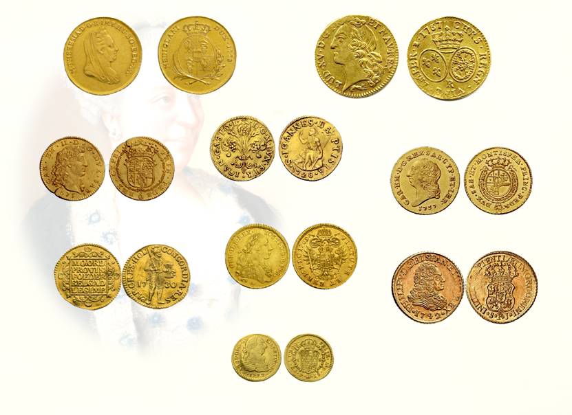 Figg. 10-18: doppia nuova di Milano a lire 48 (mm 28); armetta a lire 30.8 (mm 29); doppia di Savoja a lire 24.16 (mm 23); gigliato a lire 14.10 (mm 22); doppia nuova di Savoja a lire 36 (mm 23); ongaro d’Olanda a lire 14.2.6 (mm 22); onagro imperiale a lire 14.7 (mm 22); doppia di Spagna contornata a lire 25.2 (mm 22); pezzetta di Spagna d’oro a lire 6.8 (mm 18)