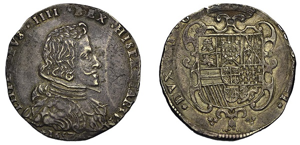 Tra le monete milanesi di Filippo IV con effigie c'è questo filippo in argento da 100 soldi del 1657