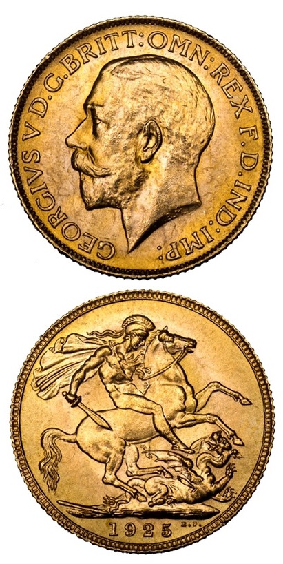 Una delle sterline di Giorgio V datata 1925 e coniata dalla Royal Mint appositamente per la RAF e il SOE
