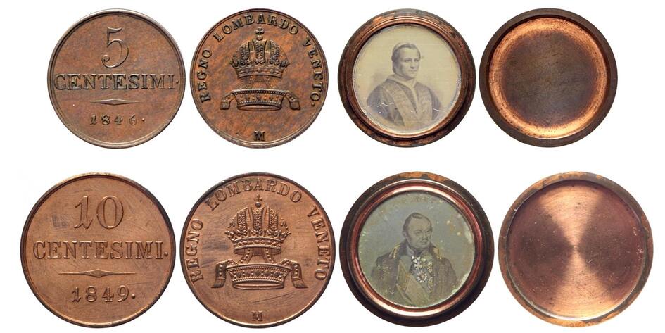 Monete del Lombardo Veneto trasformate in scatole con ritratti di propaganda di papa Pio IX e del maresiallo Radetzky