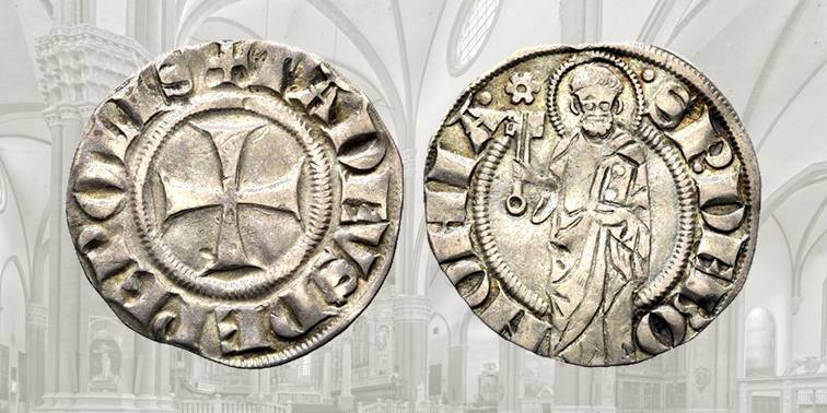 Fig. 4 Pepolese d'argento, 1337-1347, CHI 55. D/ TADEVS DE PEPOLIS, nel campo croce patente; R/ S P DE BONONIA, santo stante con chiave e libro