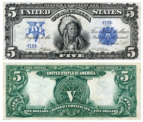 "Silver certificate", ossia banconota convertibile in argento del valore di 5 dollari emessa negli Stati Uniti nel 1899 e raffigurante al fronte il ritratto di un capo sioux (mm 189 x 79)