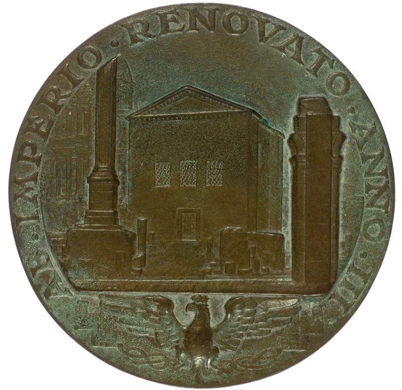 L'edificio restaurato, anzi ricostruito, dal governo di Mussolini sul dritto della medaglia di Mistruzzi (bronzo, mm 80)